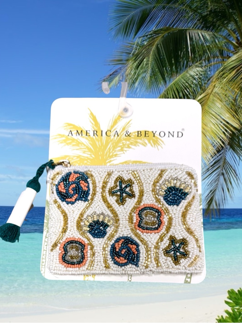 America & Beyond beaded coin purse pouch ivory seashells tassel Anthropologie